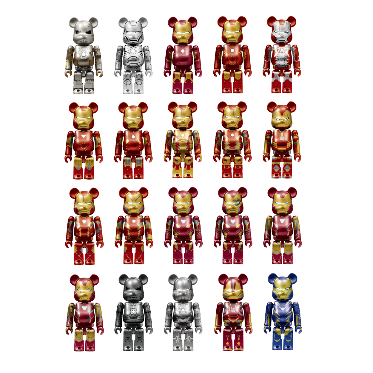 BE@RBRICK Happy Kuji "Iron Man" (2024) - collection complète de 20 figurines individuelles