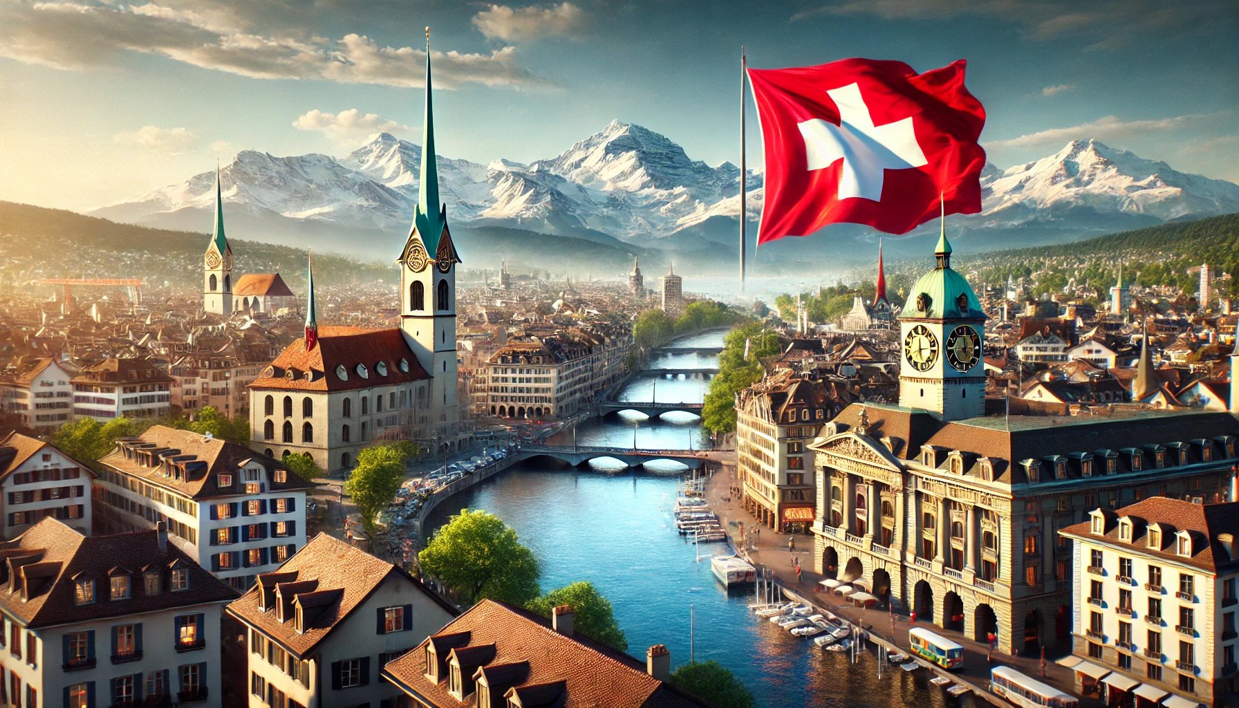 Blick über Zürich mit den Alpen im Hintergrund und einer großen Schweizer Flagge